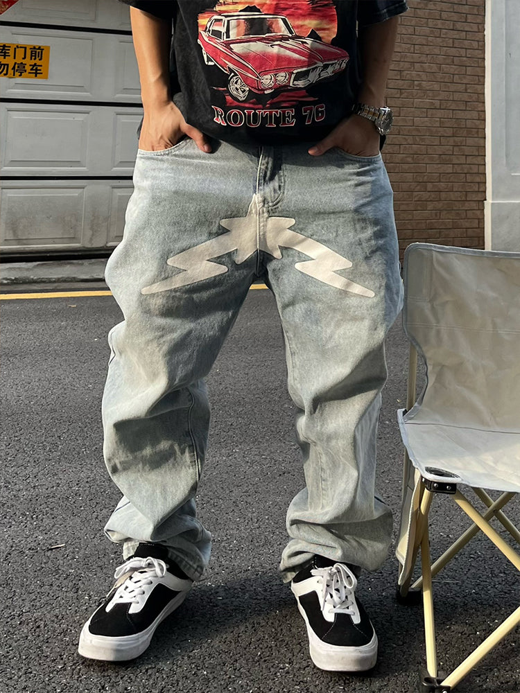 Men's Black Star Printed Baggy Jeans - Fashion Trend