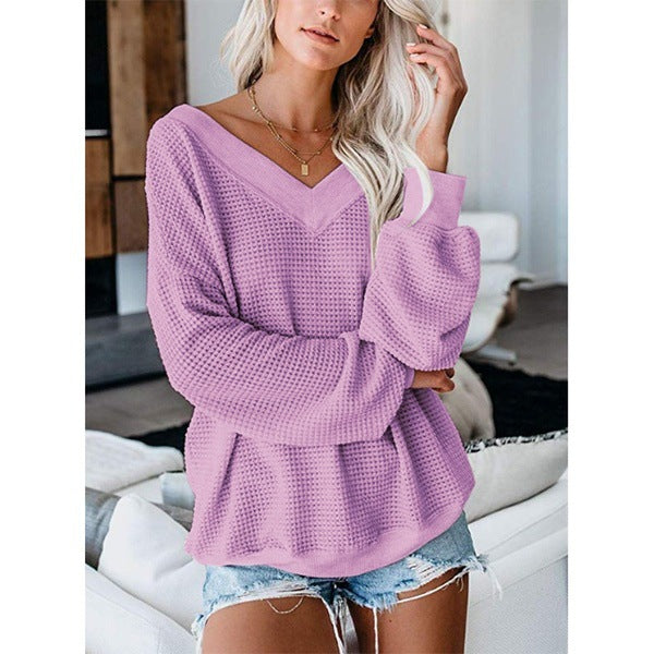 Loose V-Neck Knit Sweater with Plaid Design