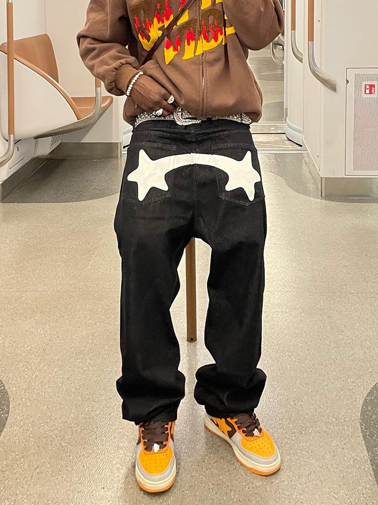 Men's Black Star Printed Baggy Jeans - Fashion Trend