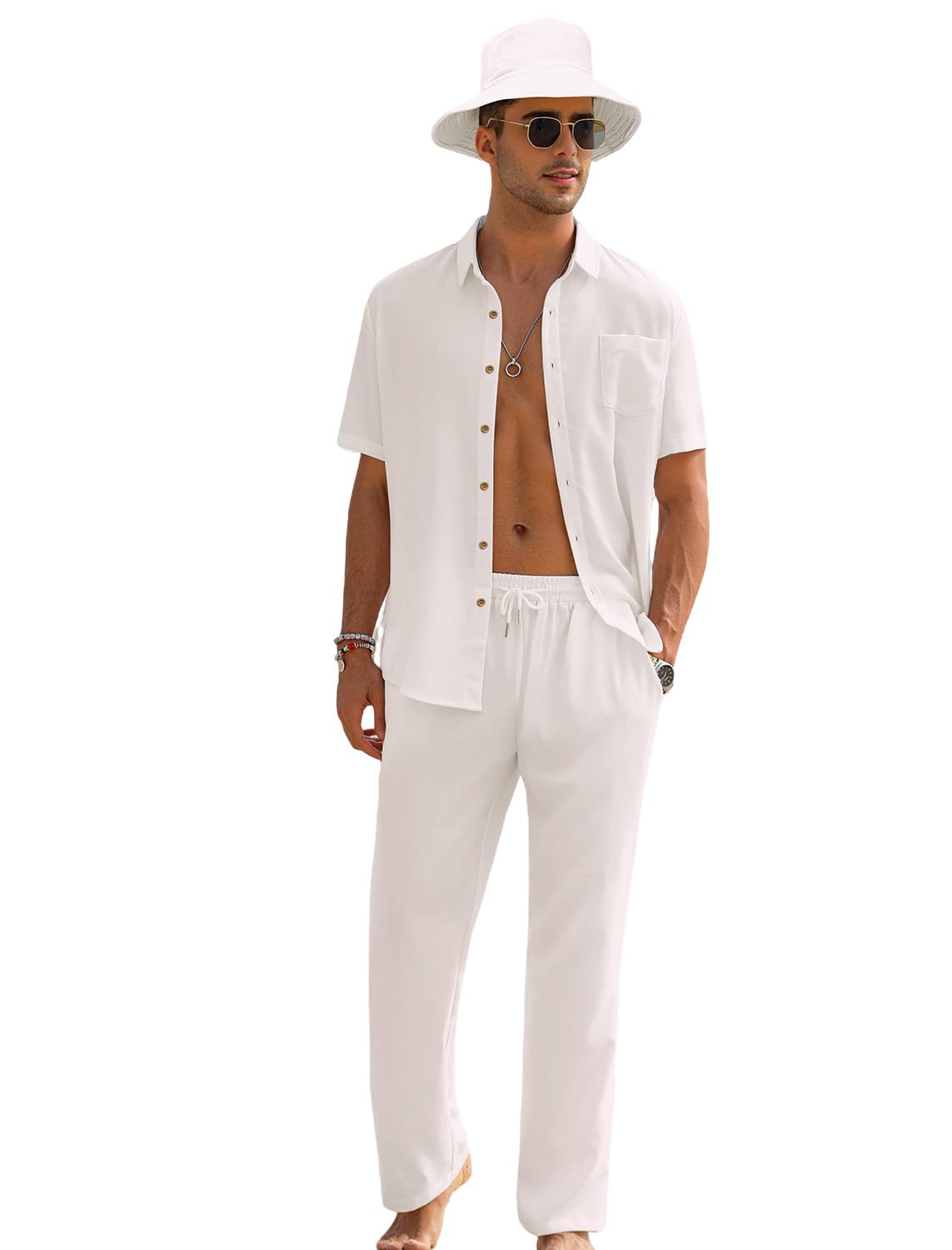 EISHOPEER Men Beach Outfits Short Shirt and Long Pants Casual Linen Sets Beach Wedding Outfit for Men White XX-Large