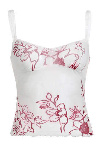Women's Mesh Plant Print Low-cut Halter Tank Top
